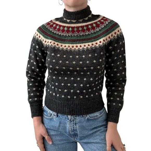 Vintage 1950s Womens Hand Knit 100% Wool Norwegian Fair Isle Sweater XS - Picture 1 of 8